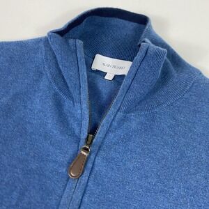 Alain Figaret Sweater Mens Large Blue 1/4 Zip Mock Neck Elbow Patch Knit